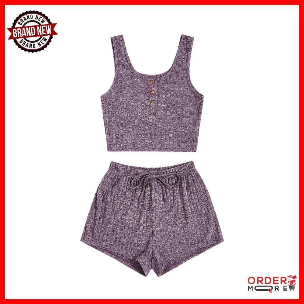Ribbed Knit Button Front Tank Top & Shorts Pajama Set - Sleepwear Lounge